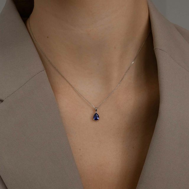 White Gold Solitaire Pendant Pear Sapphire Lab Diamond - 1.06ct