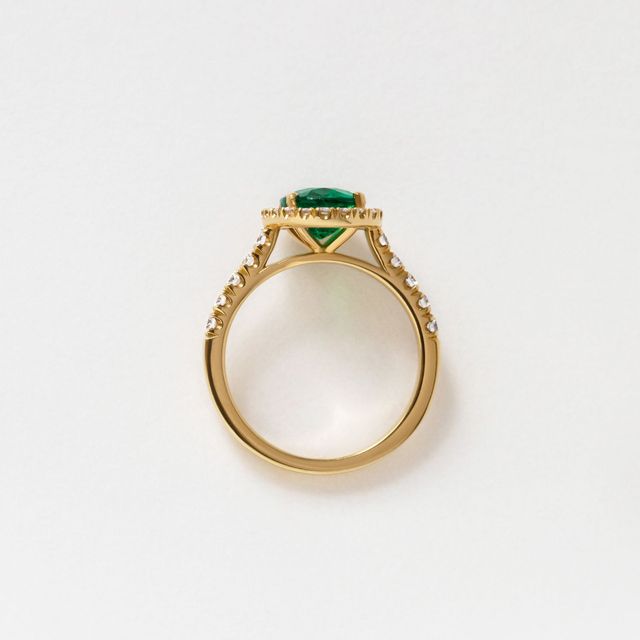 1.50 Carat Oval Green Emerald 18k Yellow Gold Halo Engagement Ring