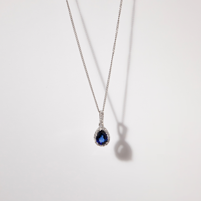 White Gold Halo Pendant Pear Sapphire Diamond - 0.30ct