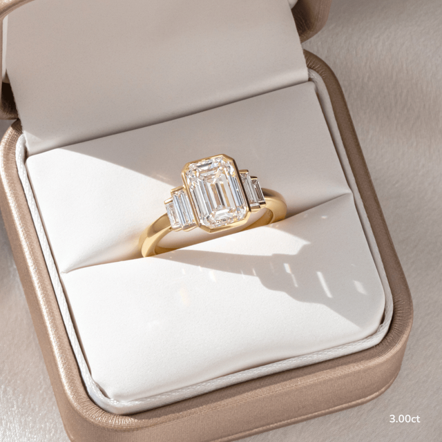 3.00ct Bezel Set Trilogy Yellow Gold Engagement Ring Emerald Lab Diamond