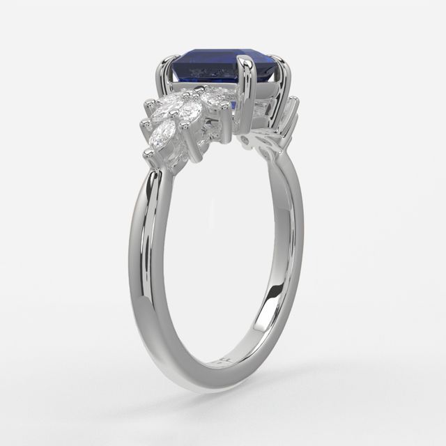 1.00ct Lab Grown Emerald Blue Sapphire Anastasia White Gold Cluster Engagement Ring