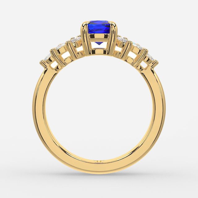 1.00ct Lab Grown Elongated Cushion Blue Sapphire Anastasia Yellow Gold Cluster Engagement Ring