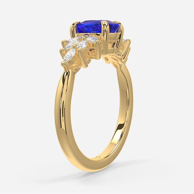 1.00ct Lab Grown Elongated Cushion Blue Sapphire Anastasia Yellow Gold Cluster Engagement Ring