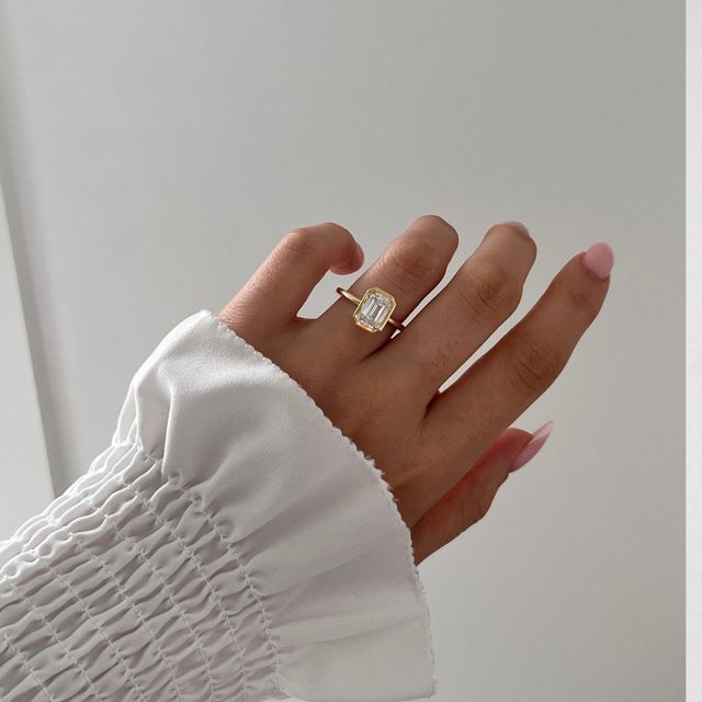 2.05 Carat Lab Grown Emerald Cut Yellow Gold Chloe Bezel Engagement Ring