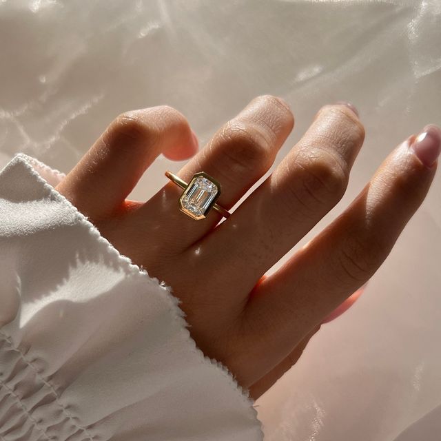 2.05 Carat Lab Grown Emerald Cut Yellow Gold Chloe Bezel Engagement Ring