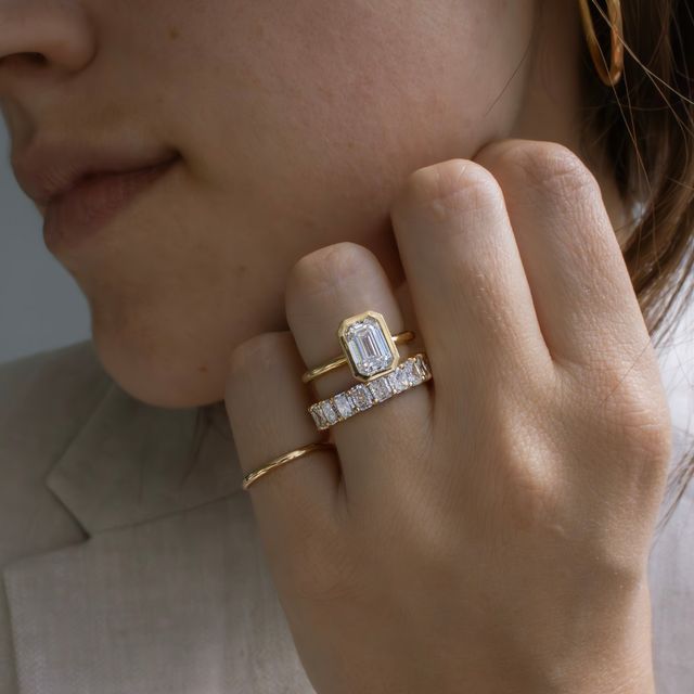 2.05 Carat Lab Grown Emerald Cut Yellow Gold Chloe Bezel Engagement Ring