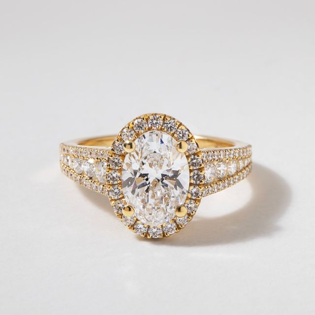 2.00 Carat Lab Grown Oval  Yellow Gold Luz Del Sol Halo Engagement Ring