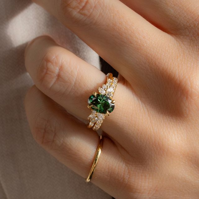 Sphinx Green Oval Lab Diamond Yellow Gold Cluster Engagement Ring- 1.21 Carat