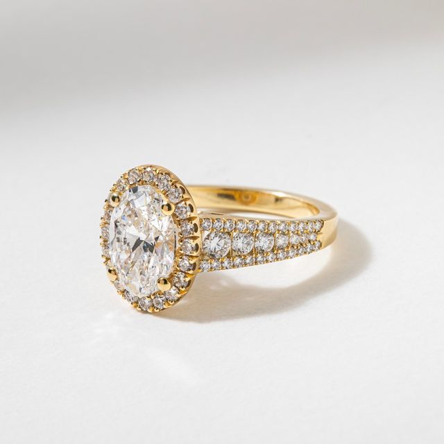 2.00 Carat Lab Grown Oval  Yellow Gold Luz Del Sol Halo Engagement Ring