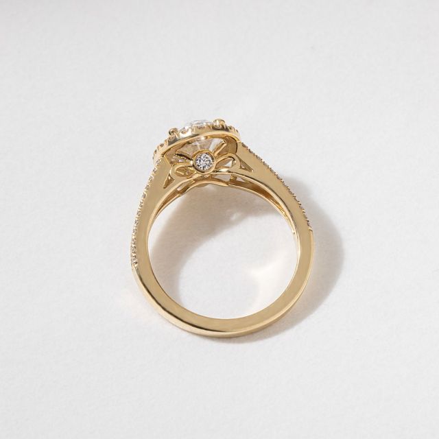 2.00 Carat Lab Grown Oval  Yellow Gold Luz Del Sol Halo Engagement Ring