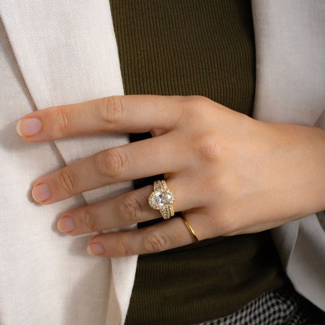2.00 Carat Lab Grown Oval  Yellow Gold Luz Del Sol Halo Engagement Ring