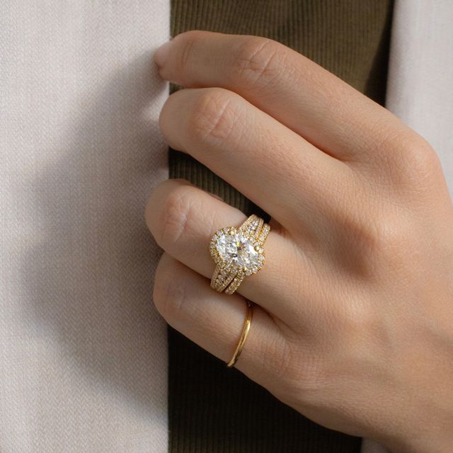 2.00 Carat Lab Grown Oval  Yellow Gold Luz Del Sol Halo Engagement Ring