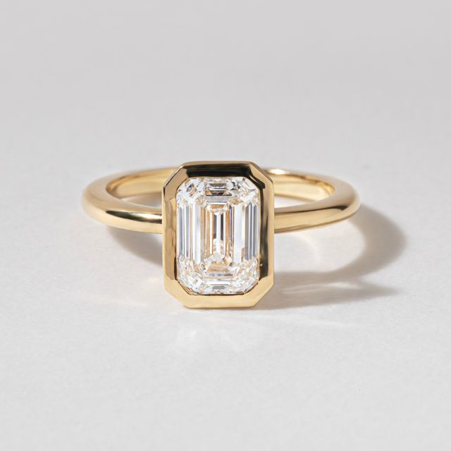 2.05 Carat Lab Grown Emerald Cut Yellow Gold Chloe Bezel Engagement Ring