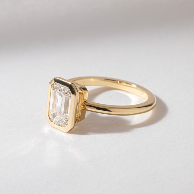 2.05 Carat Lab Grown Emerald Cut Yellow Gold Chloe Bezel Engagement Ring