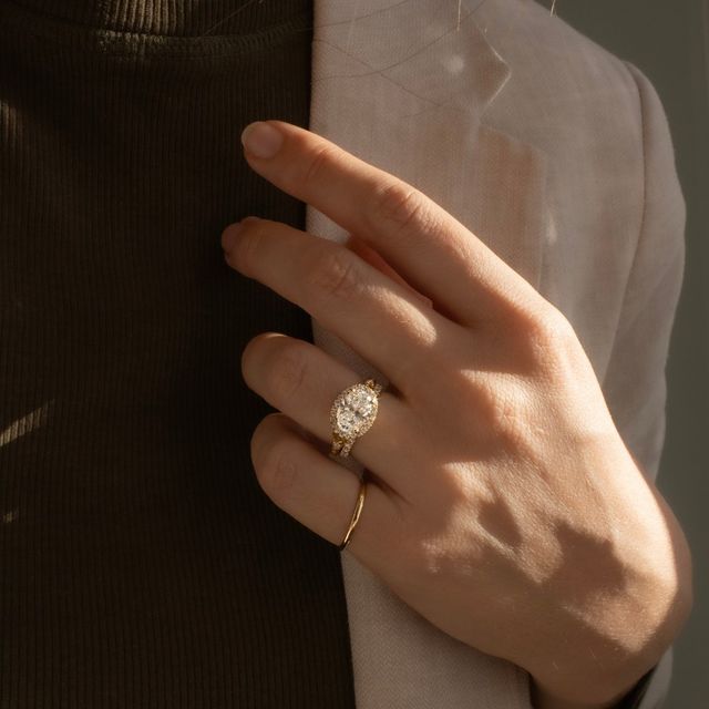 2.01 Carat Lab Grown Oval Yellow Gold Maeve East West Halo Engagement Ring
