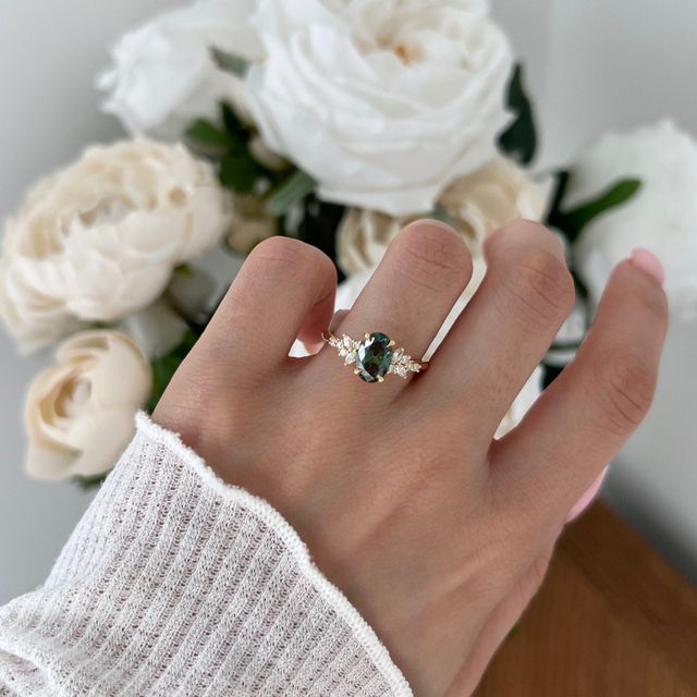 Sphinx Green Oval Lab Diamond Yellow Gold Cluster Engagement Ring- 1.21 Carat