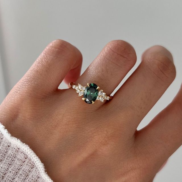 Sphinx Green Oval Lab Diamond Yellow Gold Cluster Engagement Ring- 1.21 Carat
