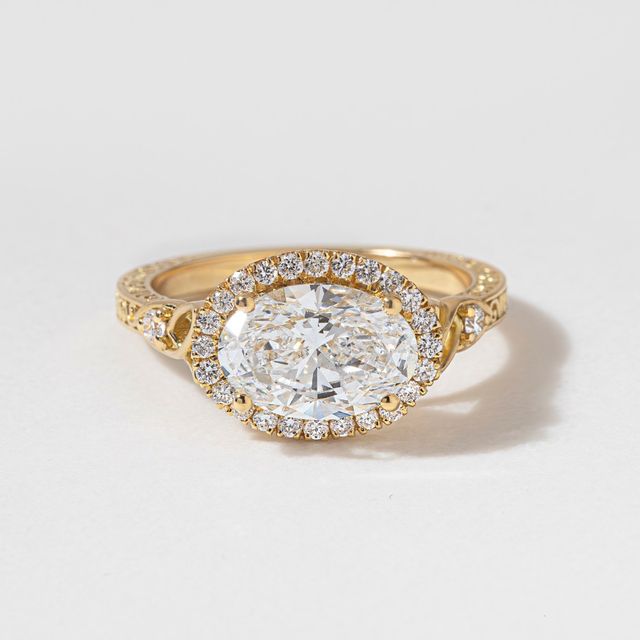 2.01 Carat Lab Grown Oval Yellow Gold Maeve East West Halo Engagement Ring