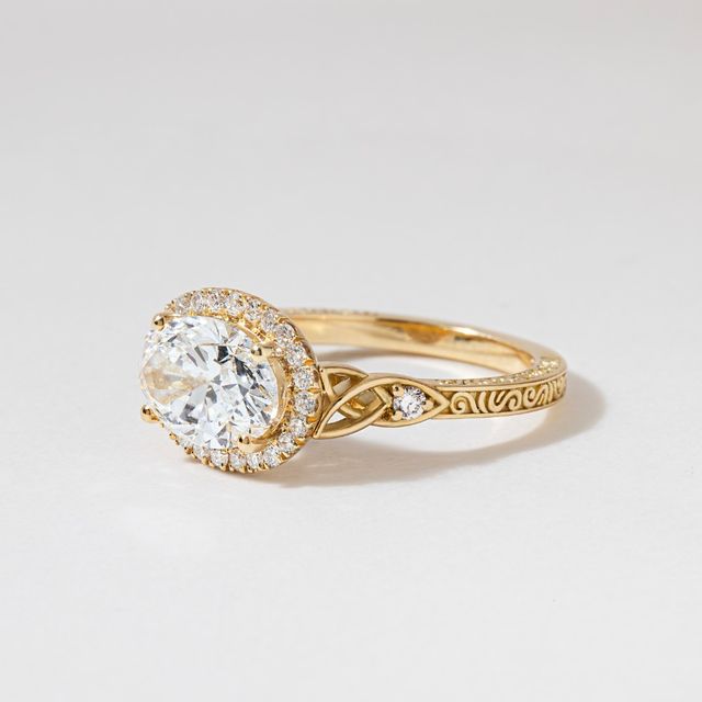 2.01 Carat Lab Grown Oval Yellow Gold Maeve East West Halo Engagement Ring