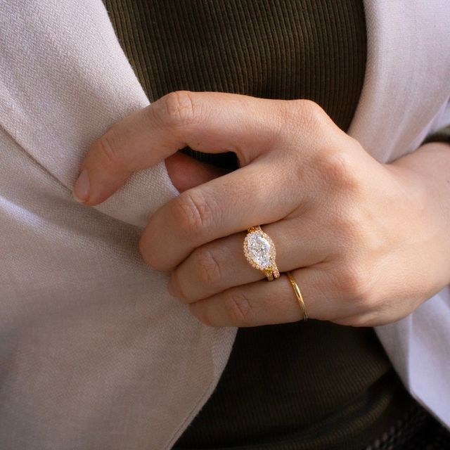 2.01 Carat Lab Grown Oval Yellow Gold Maeve East West Halo Engagement Ring