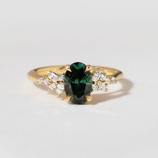 Sphinx Green Oval Lab Diamond Yellow Gold Cluster Engagement Ring- 1.21 Carat