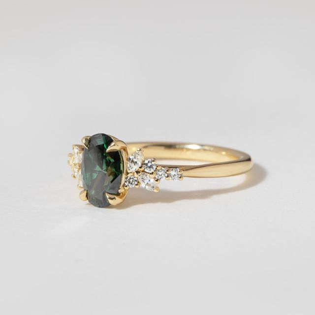 Sphinx Green Oval Lab Diamond Yellow Gold Cluster Engagement Ring- 1.21 Carat