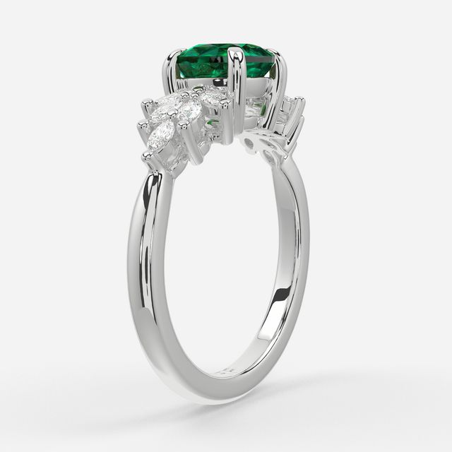 1.00ct Lab Grown Cushion Green Emerald Anastasia White Gold Cluster Engagement Ring
