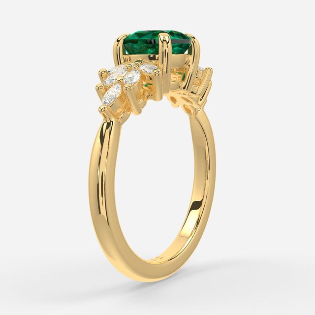 1.00ct Lab Grown Cushion Green Emerald Anastasia Yellow Gold Cluster Engagement Ring