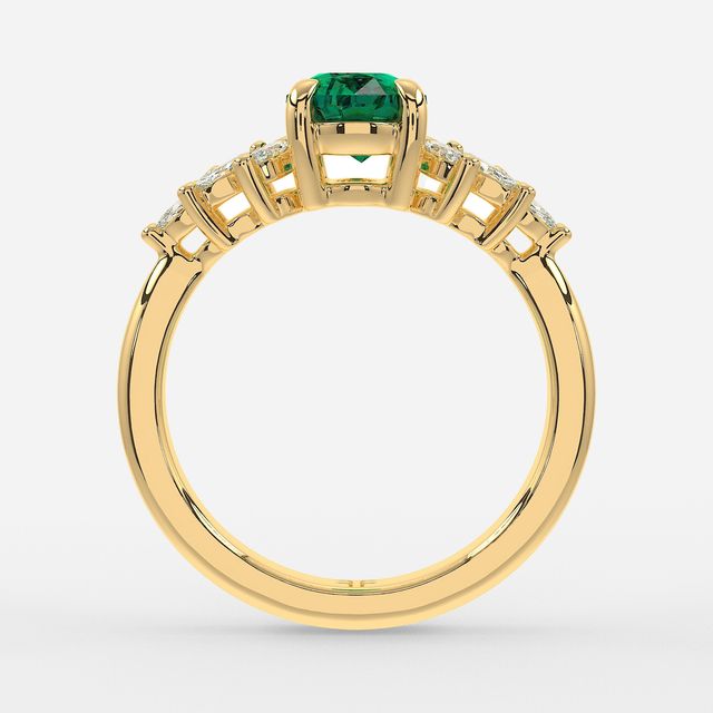 1.00ct Lab Grown Oval Green Emerald Anastasia Yellow Gold Cluster Engagement Ring