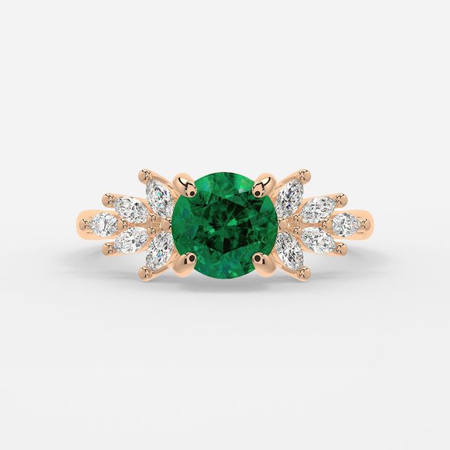 1.00ct Lab Grown Round Green Emerald Anastasia Rose Gold Cluster Engagement Ring
