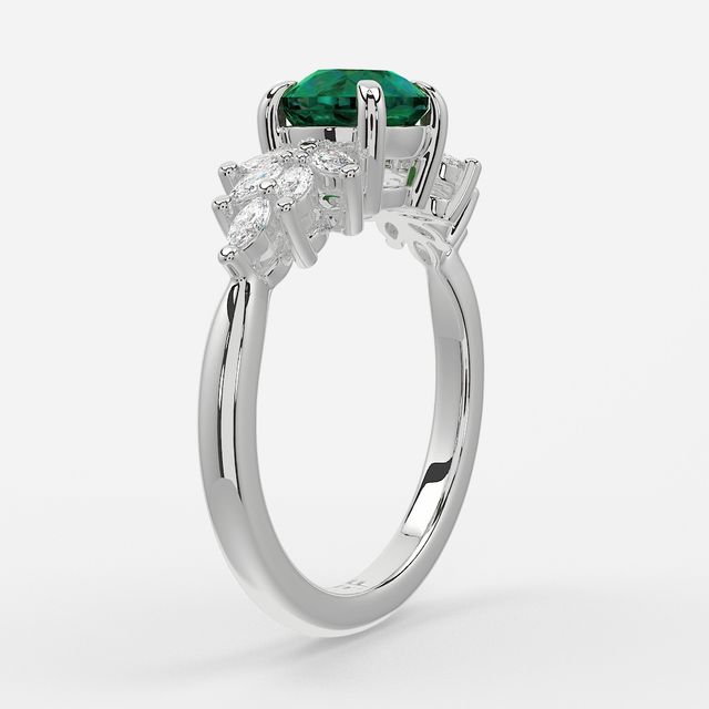 1.00ct Lab Grown Round Green Emerald Anastasia Platinum Cluster Engagement Ring