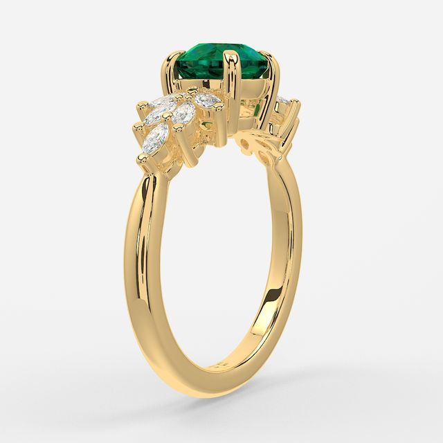 1.00ct Lab Grown Round Green Emerald Anastasia Yellow Gold Cluster Engagement Ring