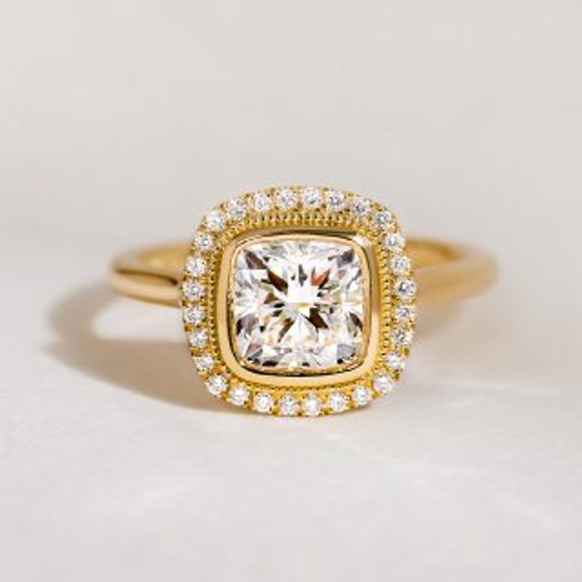 Lab grown Cushion Diamond Suri Yellow Gold Halo Engagement Ring-1.51ct