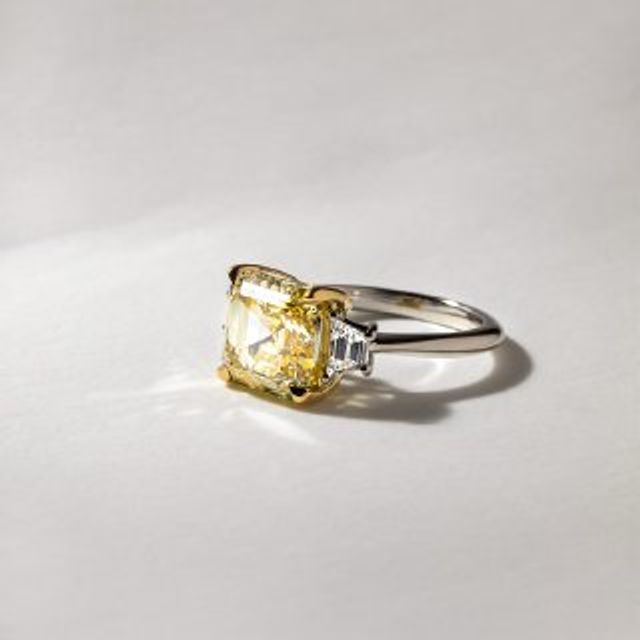 Square Emerald Yellow Diamond Platinum Trilogy Engagement Ring-5.07ct