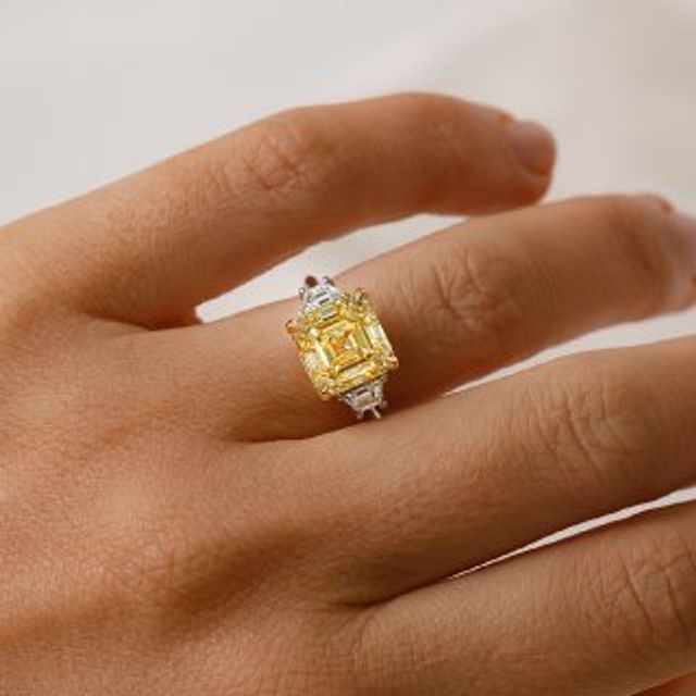 Square Emerald Yellow Diamond Platinum Trilogy Engagement Ring-5.07ct