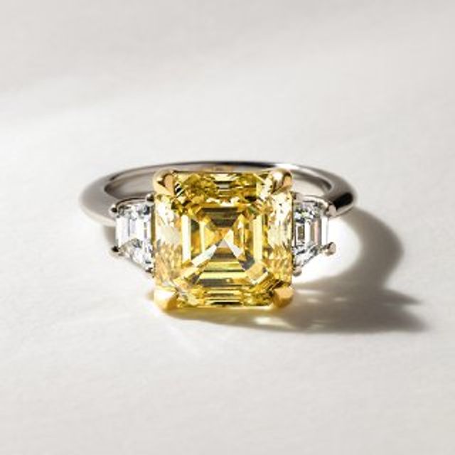 Square Emerald Yellow Diamond Platinum Trilogy Engagement Ring-5.07ct