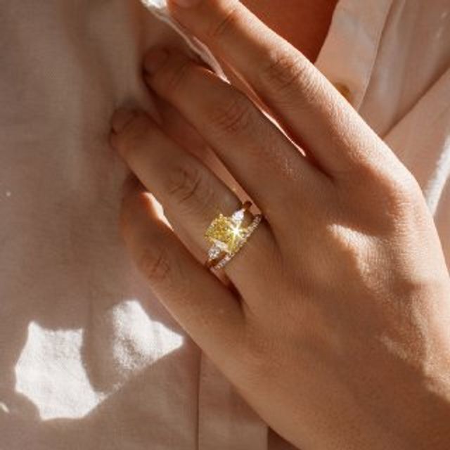 Elongated-Cushion Fancy Yellow Diamond Yellow Gold Trilogy Engagement Ring-3.01ct