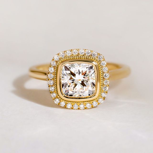 Lab grown Cushion Diamond Suri Yellow Gold Halo Engagement Ring-1.51ct