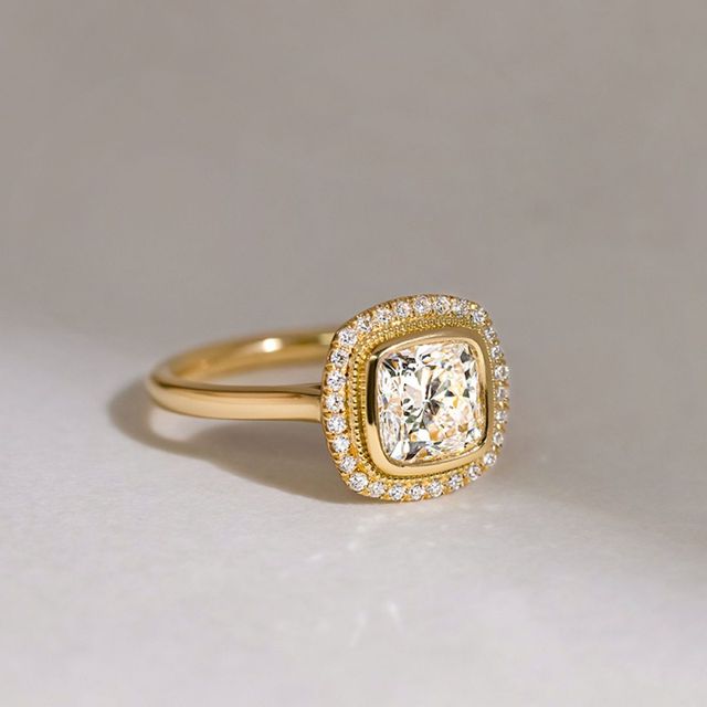 Lab grown Cushion Diamond Suri Yellow Gold Halo Engagement Ring-1.51ct