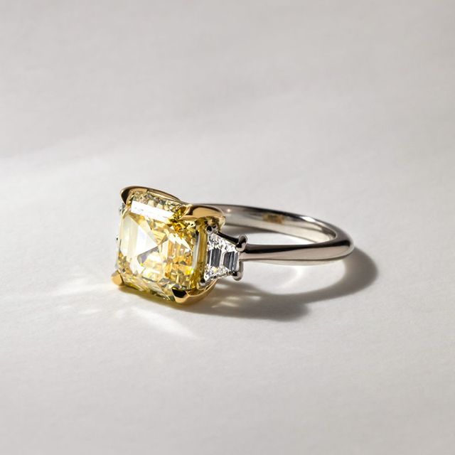 Square Emerald Yellow Diamond Trilogy Engagement Ring- 5.07ct