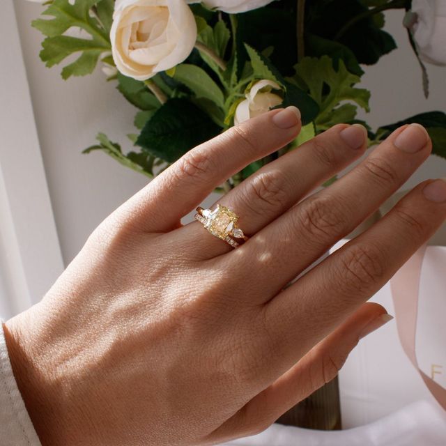 Elongated-Cushion Fancy Yellow Lab Diamond Yellow Gold Trilogy Engagement Ring-3.15ct