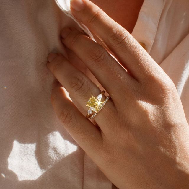 Elongated-Cushion Fancy Yellow Lab Diamond Yellow Gold Trilogy Engagement Ring-3.15ct