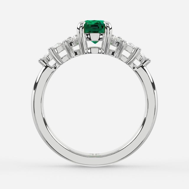 1.00ct Lab Grown Elongated Cushion Green Emerald Anastasia White Gold Cluster Engagement Ring