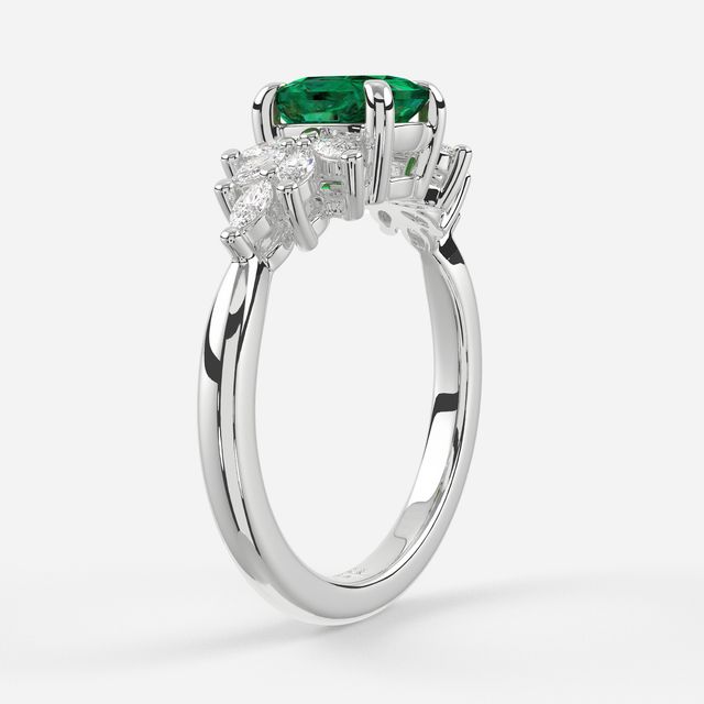 1.00ct Lab Grown Elongated Cushion Green Emerald Anastasia White Gold Cluster Engagement Ring
