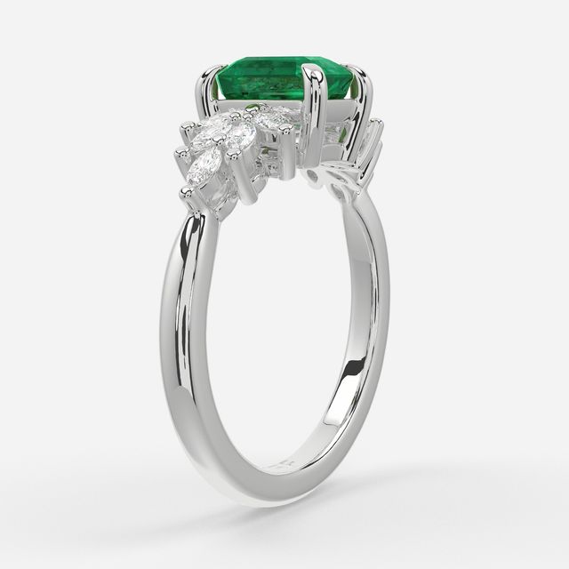 1.00ct Lab Grown Emerald Cut Green Emerald Anastasia White Gold Cluster Engagement Ring