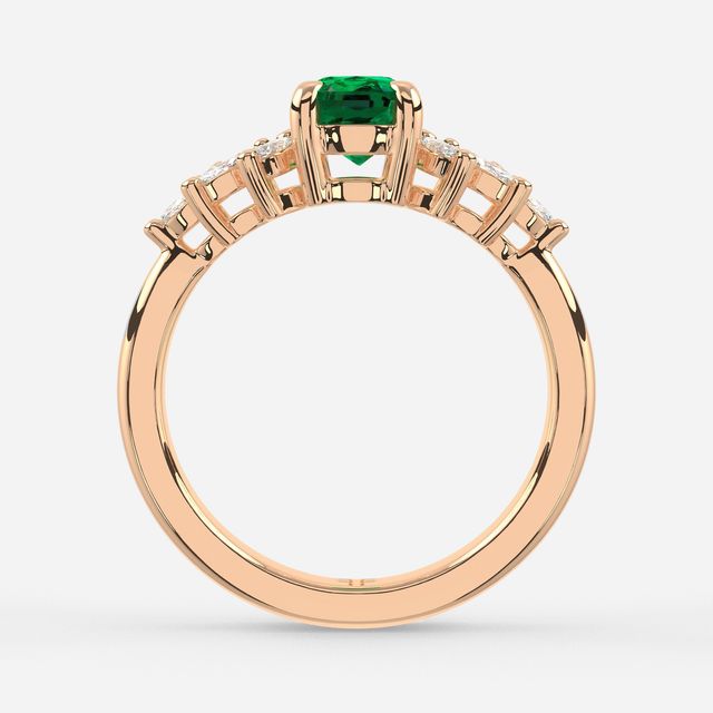 1.00ct Lab Grown Elongagted Cushion Green Emerald Anastasia Rose Gold Cluster Engagement Ring