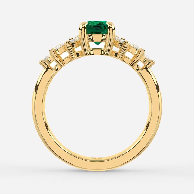 1.00ct Lab Grown Elongagted Cushion Green Emerald Anastasia Yellow Gold Cluster Engagement Ring