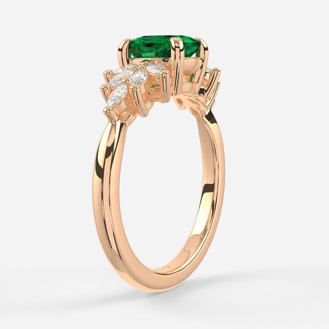 1.00ct Lab Grown Elongagted Cushion Green Emerald Anastasia Rose Gold Cluster Engagement Ring