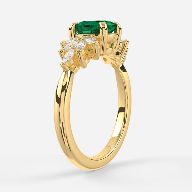 1.00ct Lab Grown Elongagted Cushion Green Emerald Anastasia Yellow Gold Cluster Engagement Ring