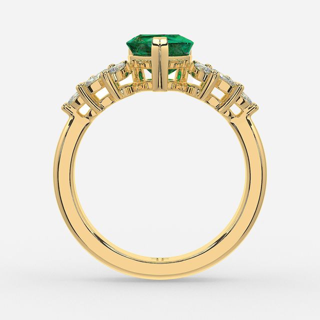 1.00ct Lab Grown Heart Green Emerald Anastasia Yellow Gold Cluster Engagement Ring